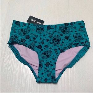 Teal Skull & Roses High-Waisted Ruffle Swim Bottoms